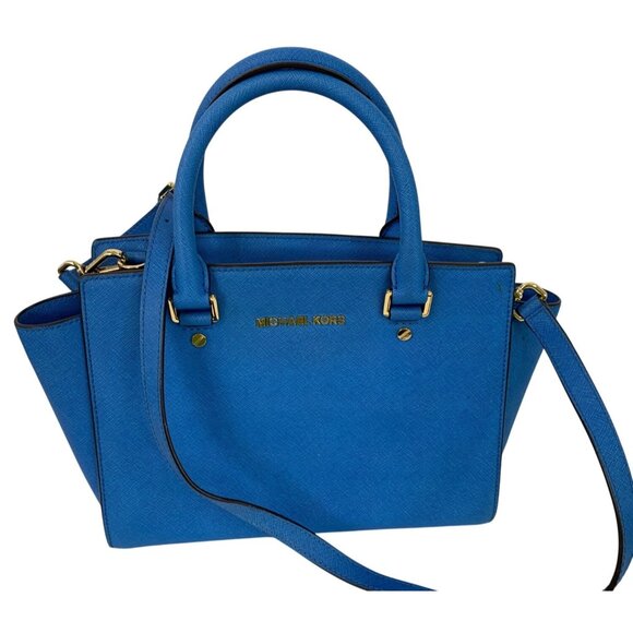 Michael Kors Blue Saffiano Leather Satchel Tote Bag Xbody  Medium Size EUC - Picture 1 of 10